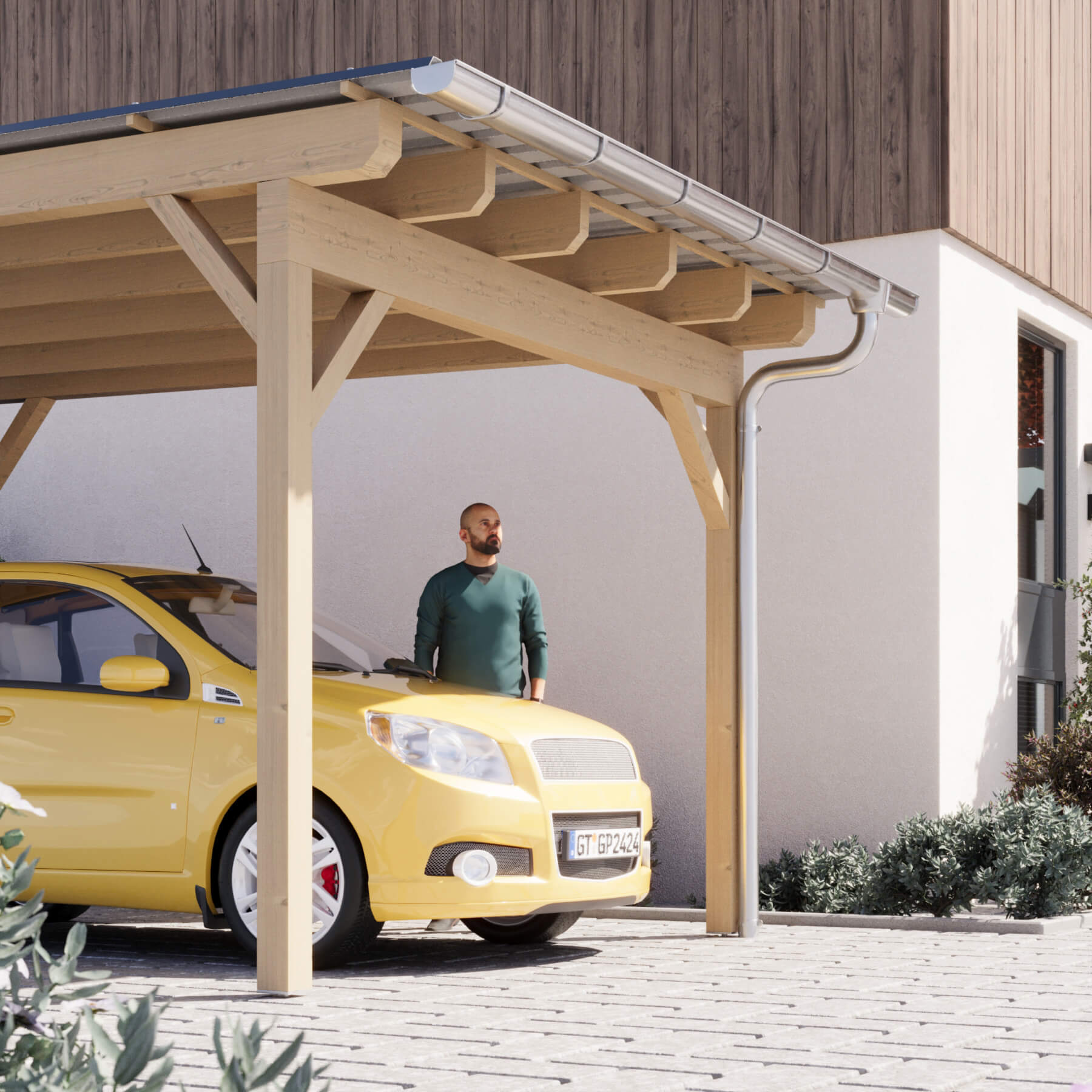 Carport neben einem Haus mit zwei Autos