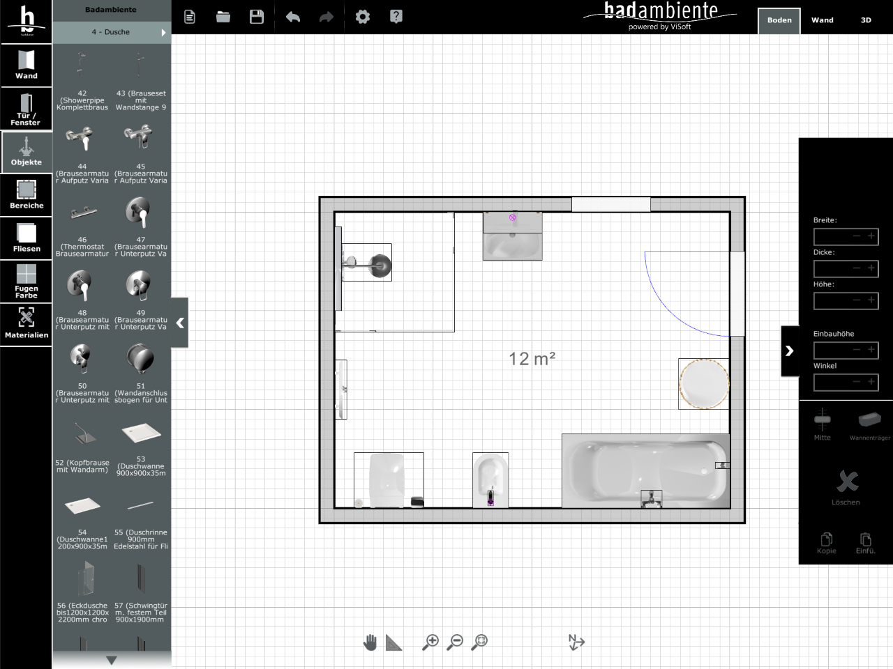 Viplan 3D Badplaner App bei Badambiente Sanitärobjekte in der Draufsicht