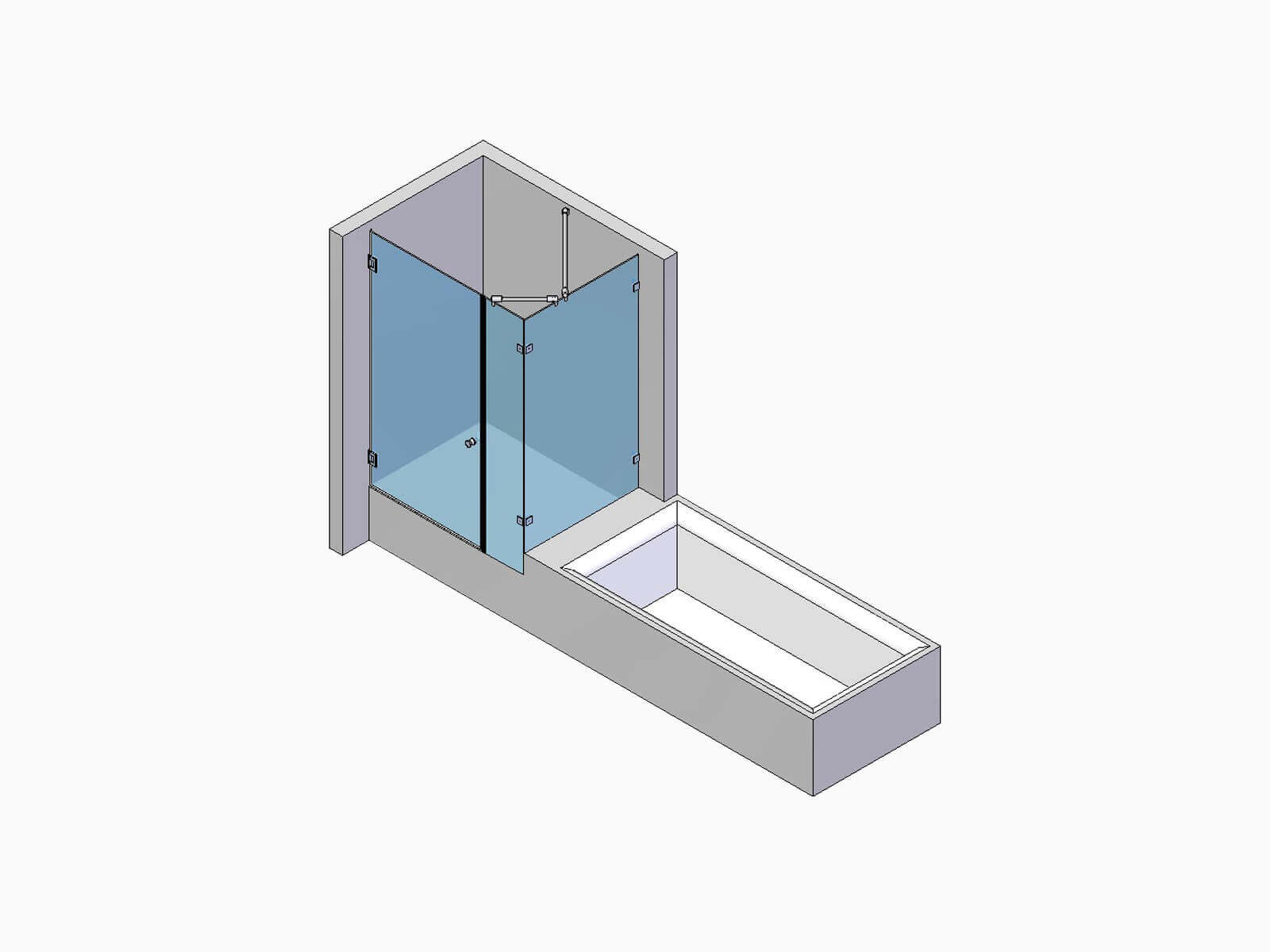 Dusche links neben Badewanne mit einer Tür und zwei Festteilen