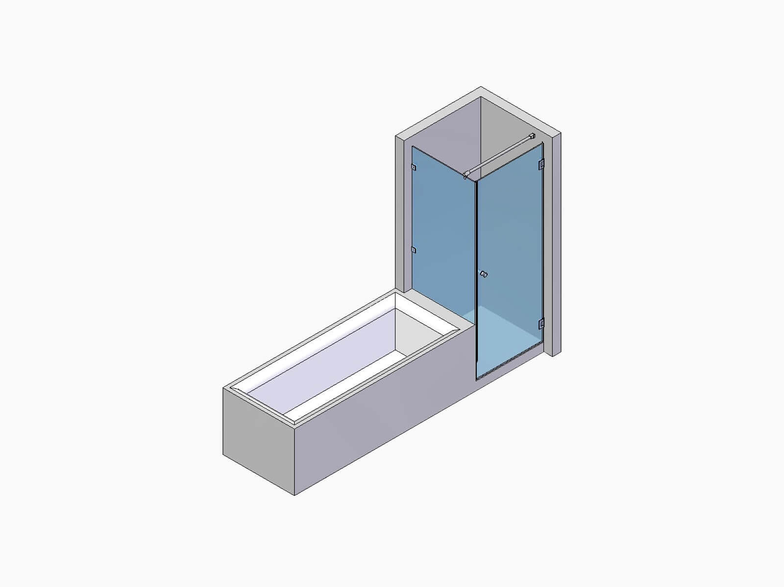 Duschkabine rechts neben Badewanne mit einer Tür und einem Festteil 