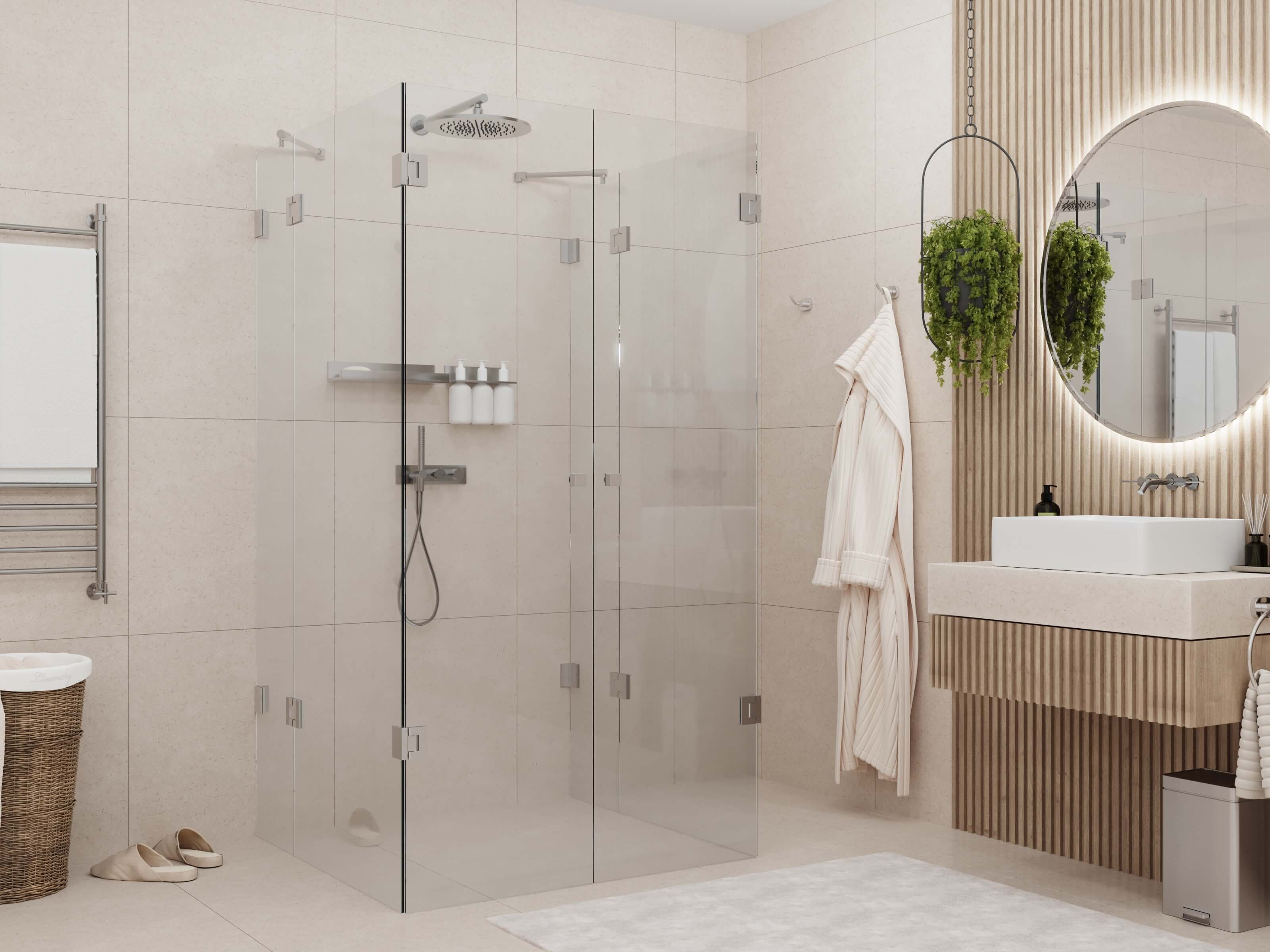 U Dusche mit Beschlägen aus Edelstahl