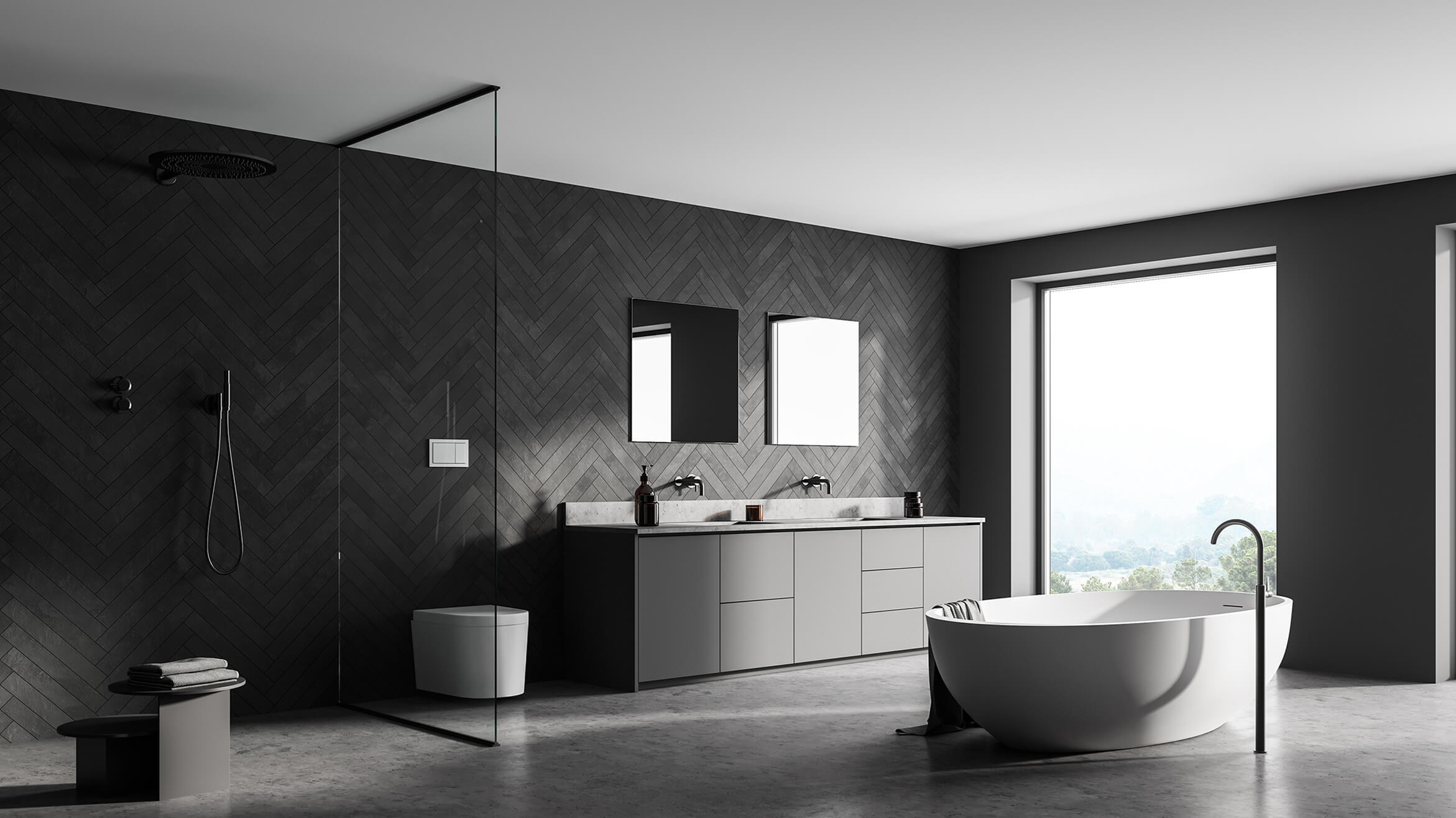Duschwand aus Glas in großem Badezimmer als Trenneinheit zwischen Dusche und Waschbecken