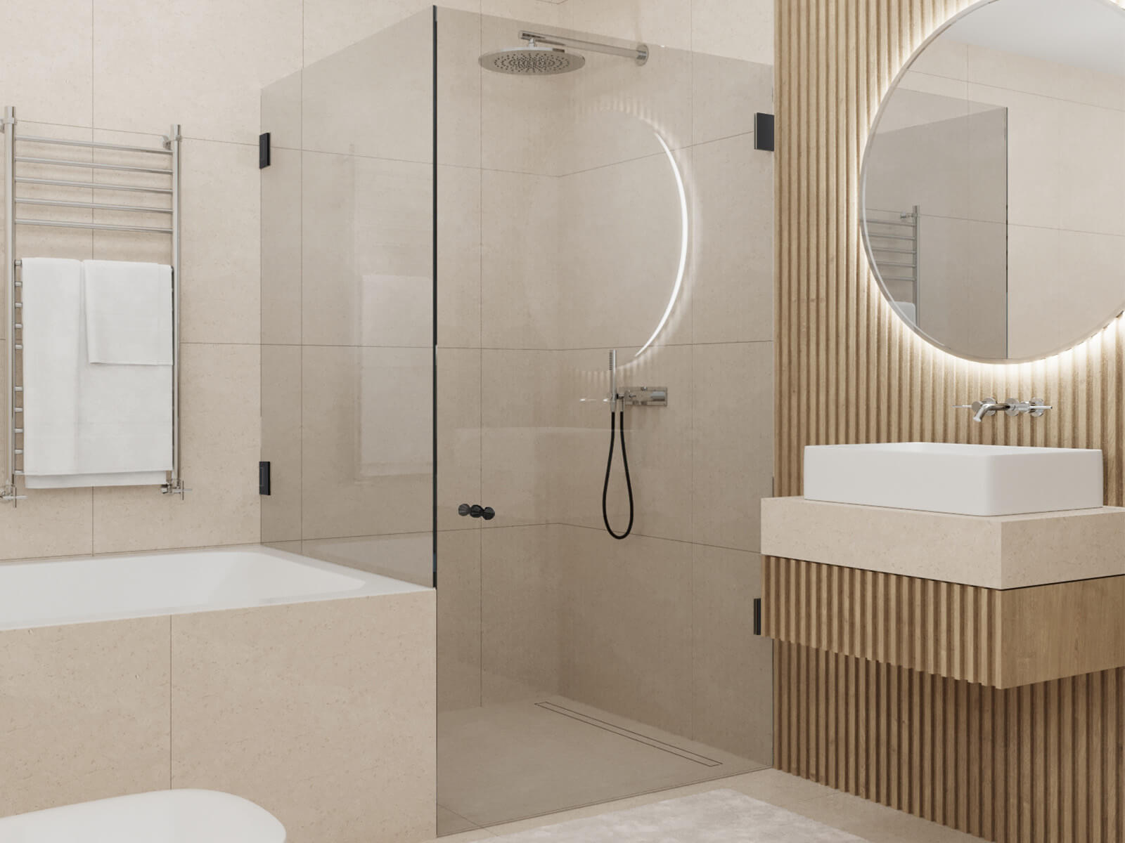 Dusche neben Badewanne im Loft Look in hellem modernem Bad mit rundem LED- Spiegel