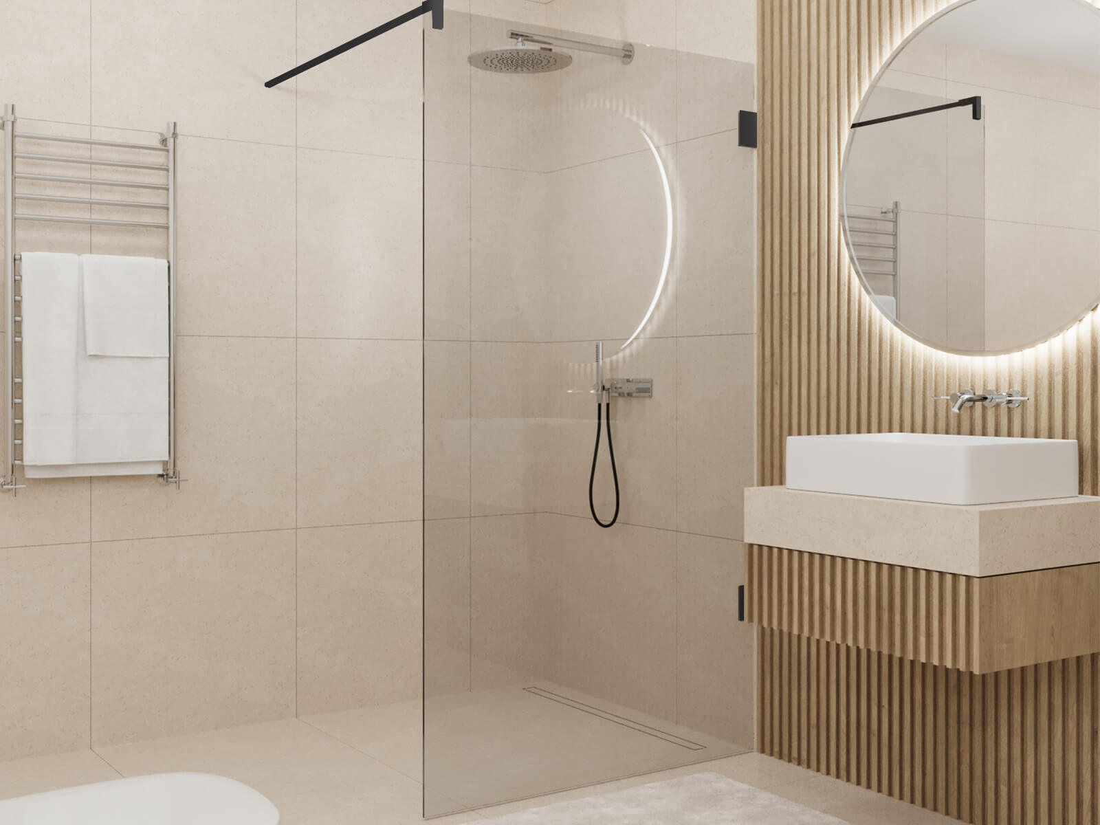 Walk-in-Dusche im Loft Look in hellem modernem Bad mit rundem LED- Spiegel