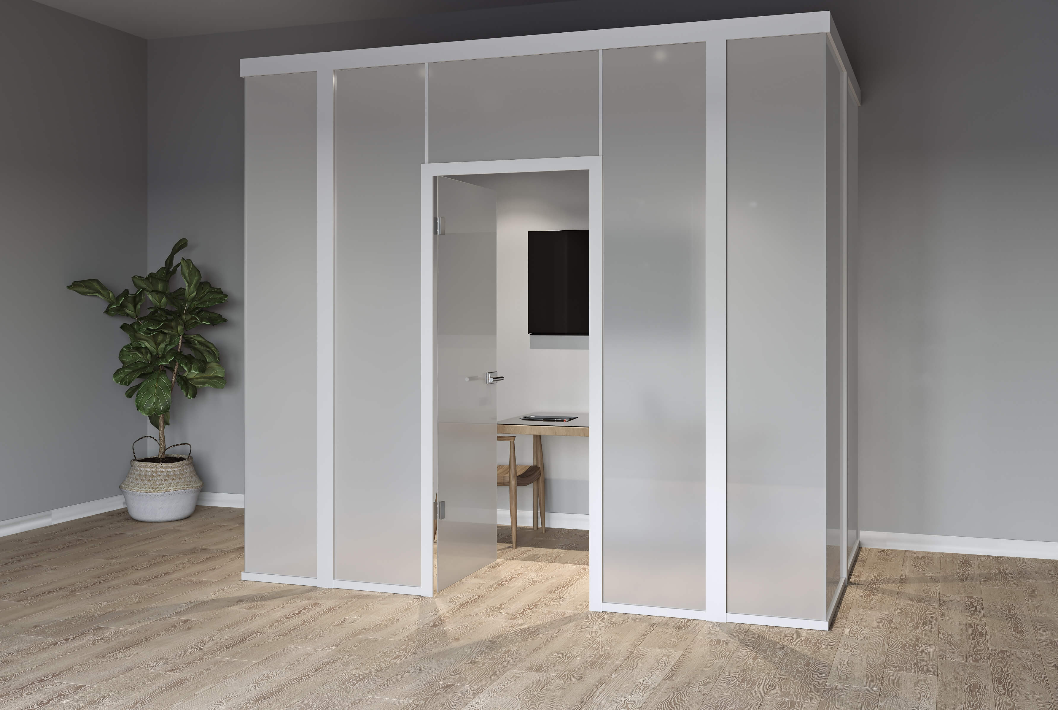 Raum-in-Raum-System mit satiniertem Glas in Weiß