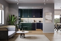 Küchenbereich mit Glastrennwand und geöffneten Türen