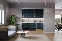 Schiebetür aus Glas mit Edelstahlkomponenten und geschlossenen Türen vor offener Küche 