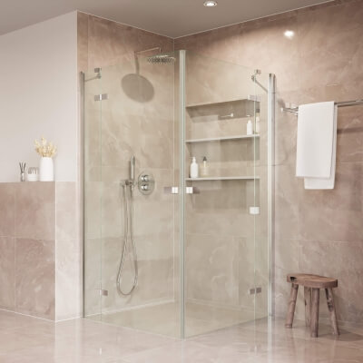 Dusche mit Eckeinstieg LIGHT mit verchromten Beschlägen und 6 mm ESG Klarglas
