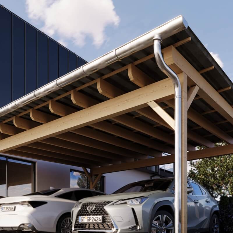 Carport aus Holz mit einer Regenrine von unten
