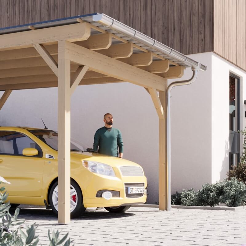 Carport über einem gelben Auto und einem Mann