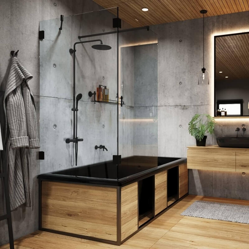 Duschkabine neben Badewanne mit zwei Festteilen und Tür