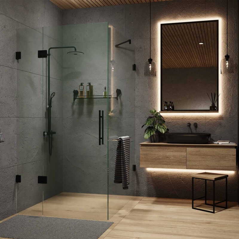 Eckdusche aus Klarglas mit schwarzen Beschlägen