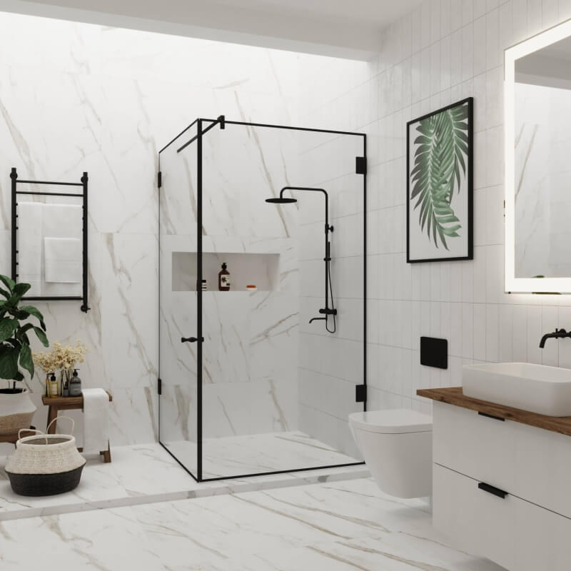 Eckdusche im Black and White Look mit schwarzem Rahmen 