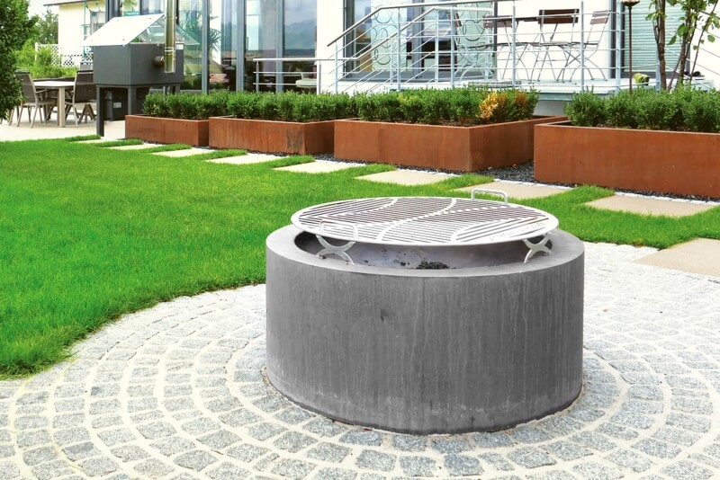 Feuerschale mit Grill in Edelstahl für den Outdoor Bereich