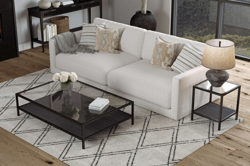 Glas Couchtisch mit matt schwarzem Rahmen