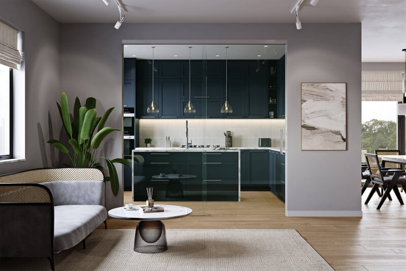 Glastrennwand in Küche mit geschlossenen Türen und U-Profil schützt vor Geräuschen 