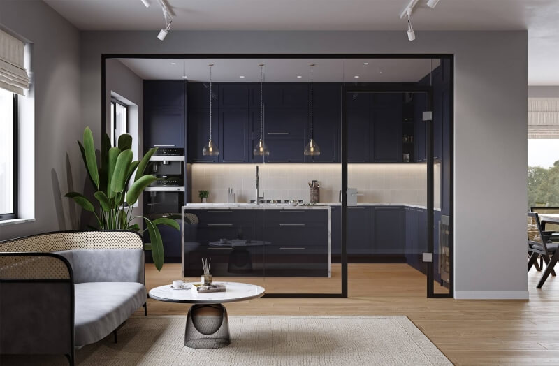 Glastrennwand mit schwarzem Rahmen