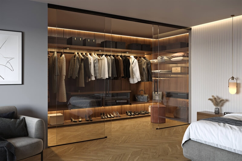  Glastrennwand mit schwarzen Profilen und Weißglas trennt Garderobe von Schlafzimmer ab 