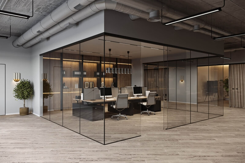 Glastrennwand PIANO im Black Look als Abtrennung vom Office