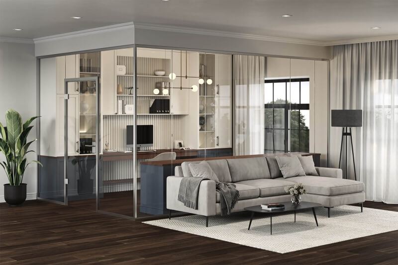 Glastrennwand zwischen Arbeitszimmer und Wohnzimmer