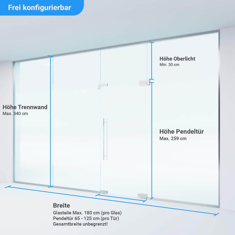 Individuelle Anfertigung nach Maß der Glastrennwand mit Pendeltür