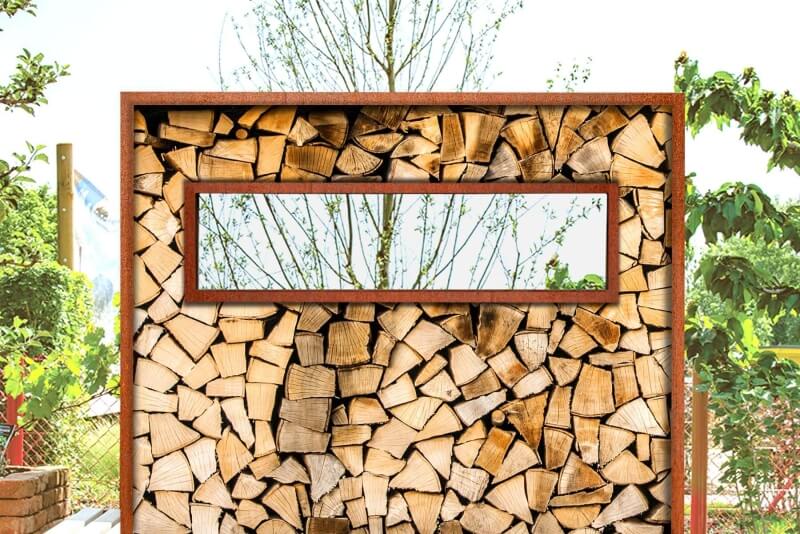 Kaminholzregale aus Cortenstahl mit rechteckigem Einsatz