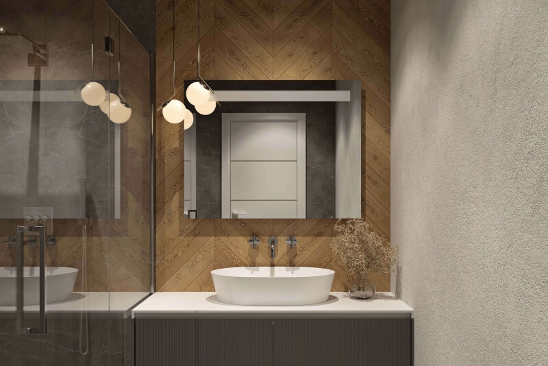 LED-Badspiegel mit direkter Beleuchtung oben und Waschtischbeleuchtung unten im Querformat AMO