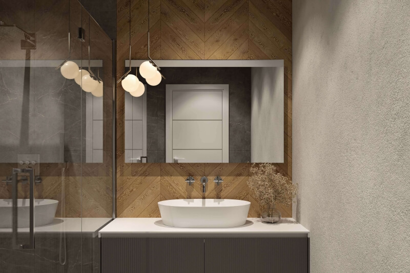 LED-Badspiegel mit direkter Beleuchtung oben und Waschtischbeleuchtung unten im Querformat NEO