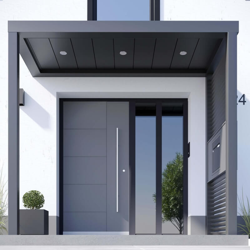 Rechteckiges Vordach aus Aluminium mit Seitenteil in Lamellen-Optik