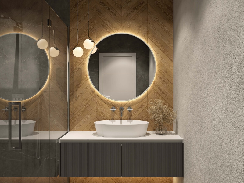 Runder LED-Spiegel mit weißem Rahmen und indirekter Beleuchtung