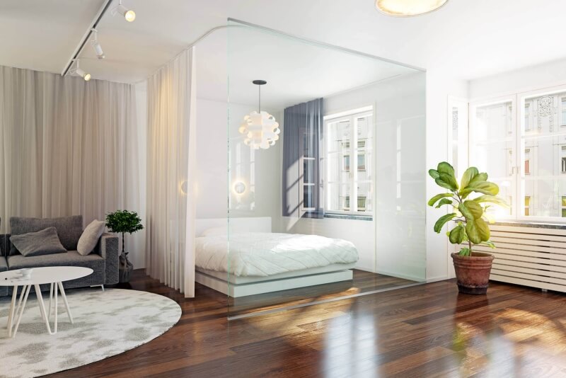 Schlafbereich mit Raumteiler aus Glas Slim