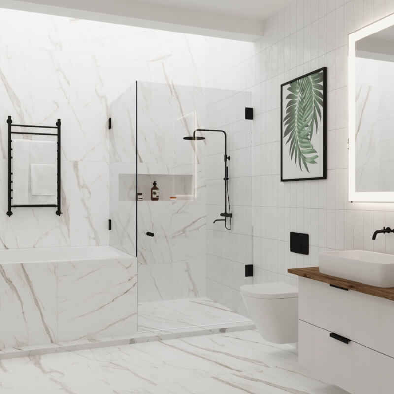 Schwarz matte Loft Look Dusche neben Badewanne mit verkürzter Seitenwand