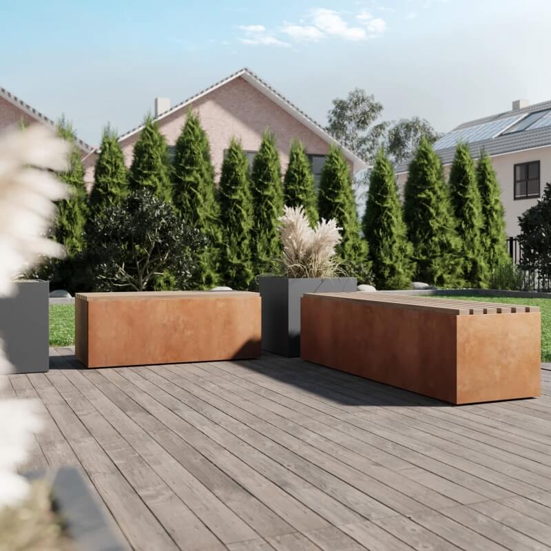 Sitzbank PARLO mit Stauraum in Cortenstahlausführung