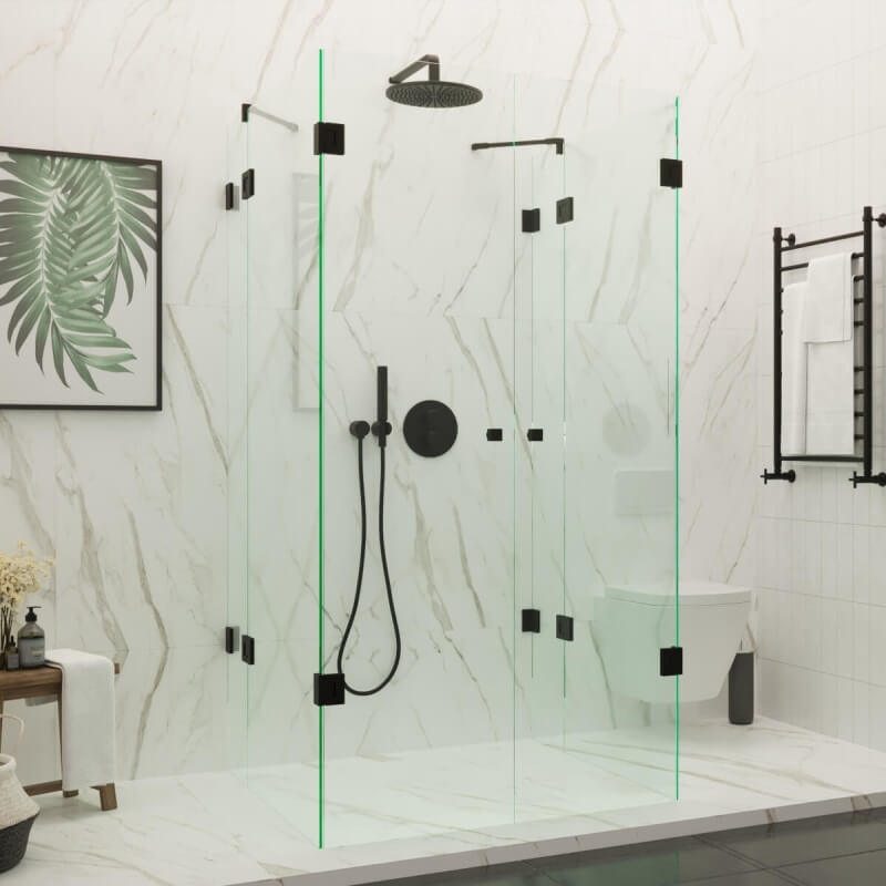 U-Form Dusche mit schwarz beschichteten Beschlägen