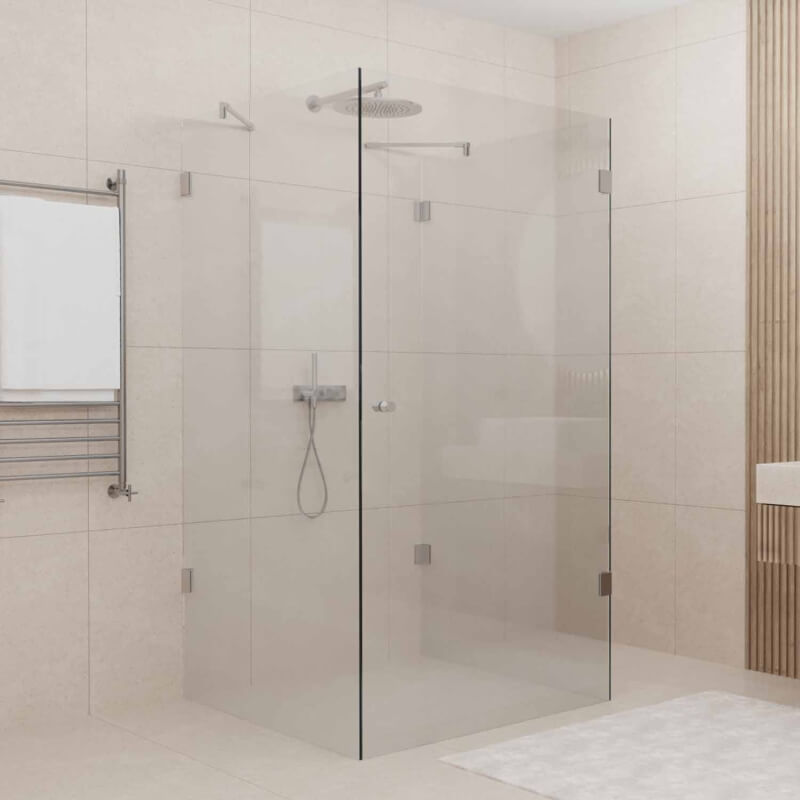 U Form Glasdusche aus Weißglas mit Seiteneinstieg und Beschlägen aus Edelstahl