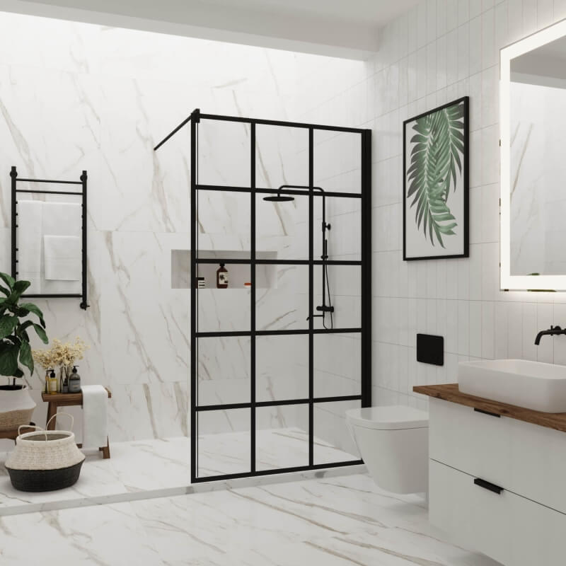 Walk-In-Duschwand im Industrielook mit schwarzen Gitter-Linien