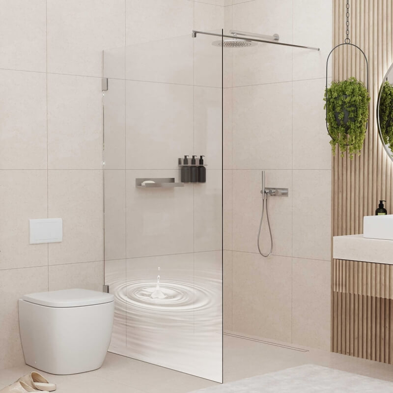 Walk-in-Duschwand mit Stabilisierungsstange und Wassertropfen-Motiv