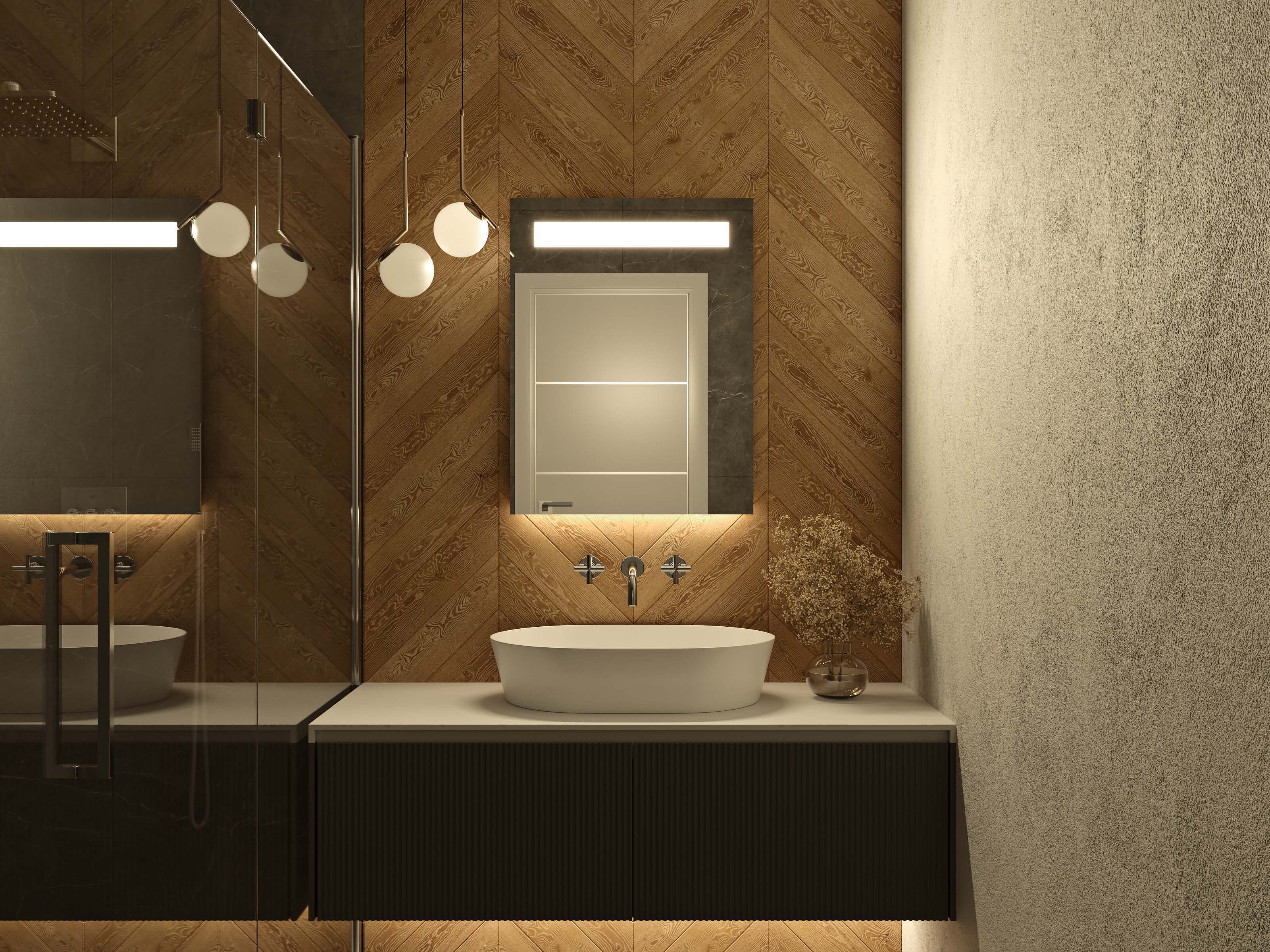 AMO LED-Badspiegel quadratisch mit warmweißer Beleuchtung oben und Waschtischbeleuchtung unten