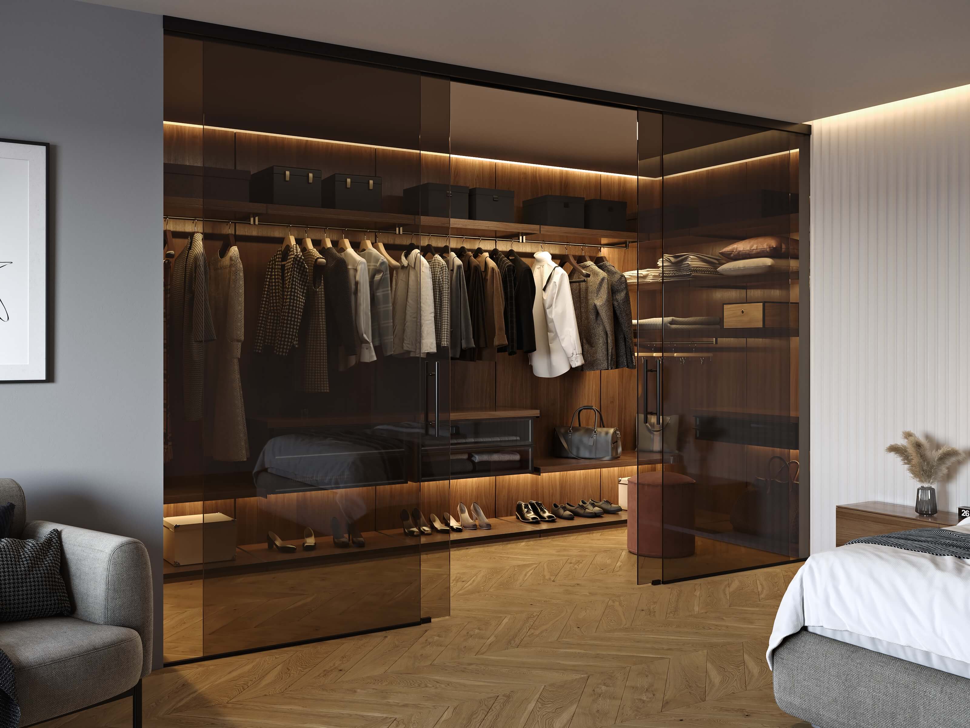 Trennwand mit Schiebetür als Abtrennung zum Ankleidezimmer